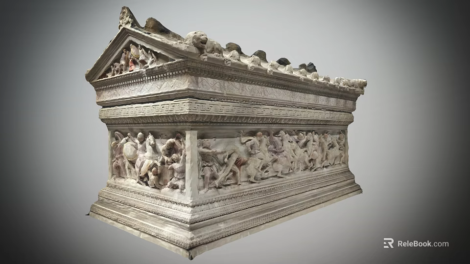 Ancient Stone Sarcophagus With Detailed Figural Reliefs And Ornate Roof Like Top 3d model 