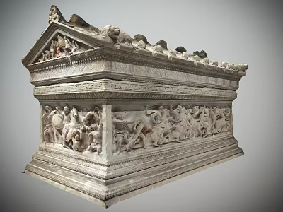 Ancient Stone Sarcophagus With Detailed Figural Reliefs And Ornate Roof Like Top 3d model