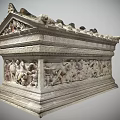 Ancient Stone Sarcophagus With Detailed Figural Reliefs And Ornate Roof Like Top