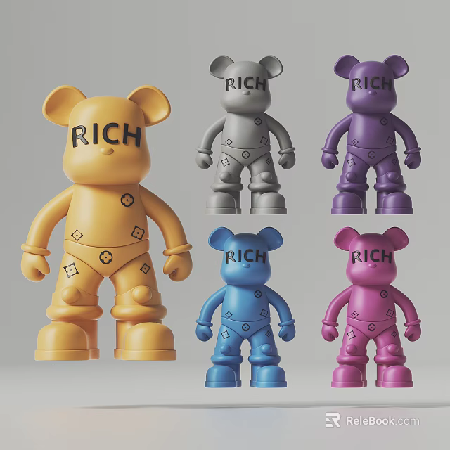 Colorful Bear Figure Sculpture Carving With RICH Lettering In Yellow Gray Purple Blue Pink 3d model 