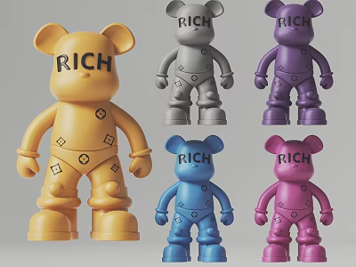 Colorful Bear Figure Sculpture Carving With RICH Lettering In Yellow Gray Purple Blue Pink 3d model