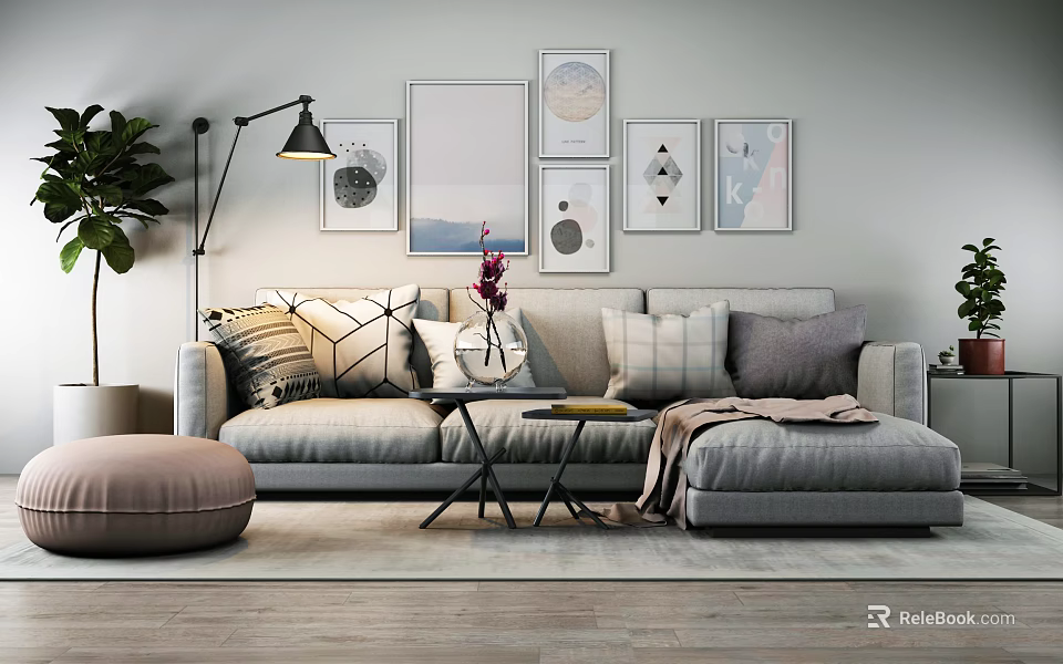 Modern Sofa Coffee Table Combination With Plush Pillows Wall Art And Floor Lamp 3d model