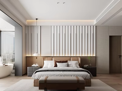 Modern Hotel Guest Room With Striped Accent Wall Large Bed Nightstands And Table Lamps 3d model