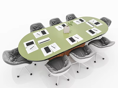 Oval Conference Table With Green Tabletop And Eight Gray Padded Chairs For Modern Office 3d model