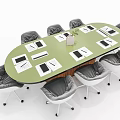 Oval Conference Table With Green Tabletop And Eight Gray Padded Chairs For Modern Office