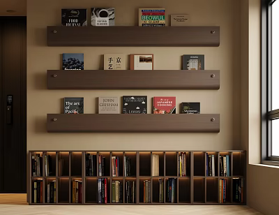 Modern Wall Mounted Shelves And Wooden Bookcase With Organized Books In Home Interior 3d model