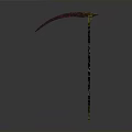 Decorative Scythe Weapon With Red And Black Blade Green Patterned Long Handle And Ornate Design