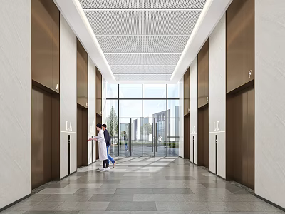 Modern Hospital Outpatient Elevator Hall With Medical Staff And Natural Light 3d model