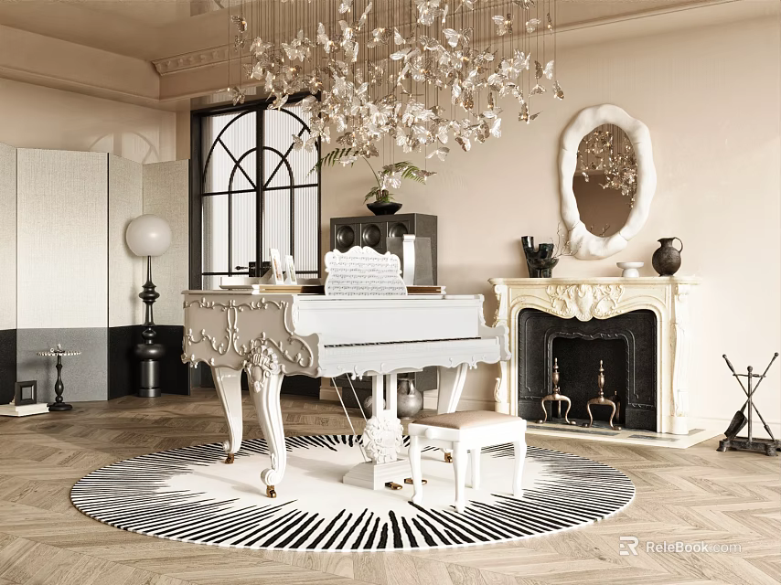 Elegant Piano Room With White Carved Piano Fireplace And Chandelier 3d model 