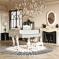 Elegant Piano Room With White Carved Piano Fireplace And Chandelier