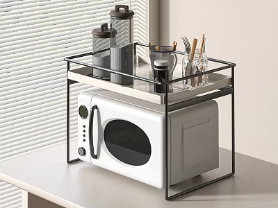 Kitchen Countertop Microwave With Upper Shelf Holding Containers Mug And Utensils 3d model