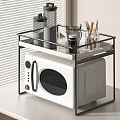 Kitchen Countertop Microwave With Upper Shelf Holding Containers Mug And Utensils