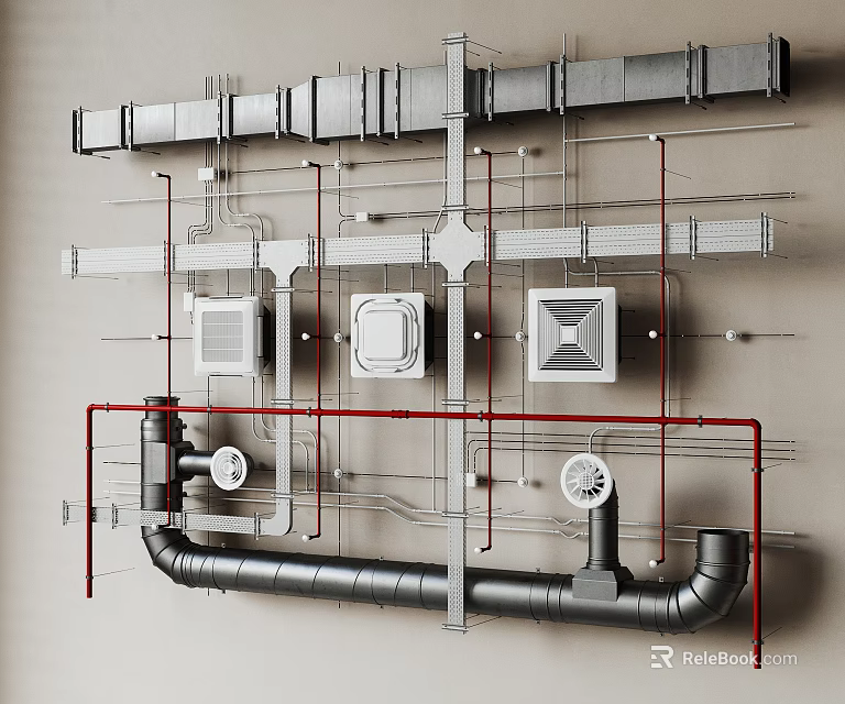 Industrial Metal Pipes in Modern Industrial Layout with Ducts Ventilation Units and Support Structures 3d model 