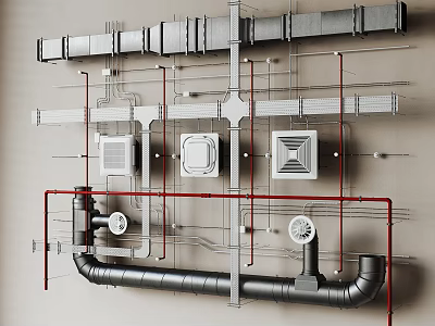 Industrial Metal Pipes in Modern Industrial Layout with Ducts Ventilation Units and Support Structures 3d model