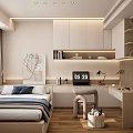 Modern Tatami Bedroom Interior With Storage Cabinets Desk Decorative Painting And Soft Lighting