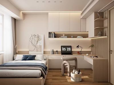 Modern Tatami Bedroom Interior With Storage Cabinets Desk Decorative Painting And Soft Lighting 3d model
