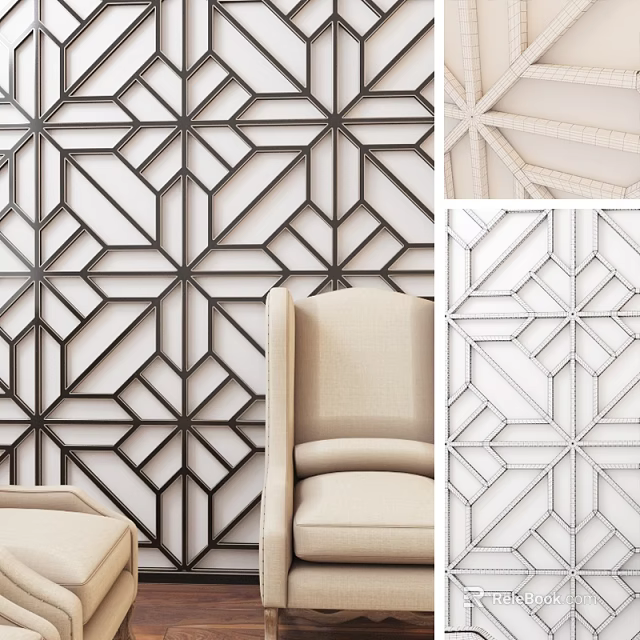 Geometric Patterned Wall in Modern Interior With Interlaced Lines Star Shapes and Beige Chair 3d model 
