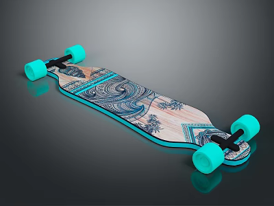 Stylish Wooden Longboard With Turquoise Wheels And Decorative Pattern Design 3d model