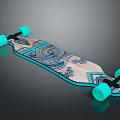 Stylish Wooden Longboard With Turquoise Wheels And Decorative Pattern Design