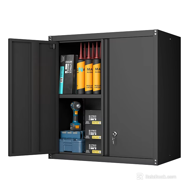 Black Entryway Side Cabinet With Lockable Doors For Tool Storage And Open Shelves 3d model 