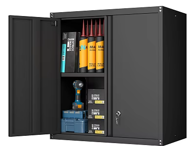 Black Entryway Side Cabinet With Lockable Doors For Tool Storage And Open Shelves 3d model