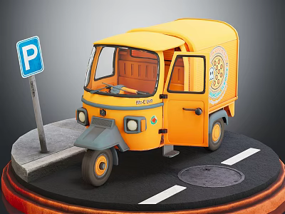 Yellow Tuk tuk Model Display With Parking Sign On Roadside Platform 3d model