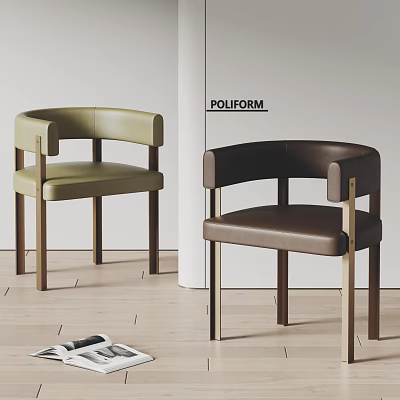 Modern Stylish Leather Dining Chairs With Curved Backrest Armrests And Wooden Legs 3d model