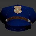 Blue Police Hat With Gold Badge And Brown Leather Strap Design