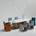 Modern Dining Table Set With Marble Top Mixed Color Chairs White Bust And Pendant Light 3d model