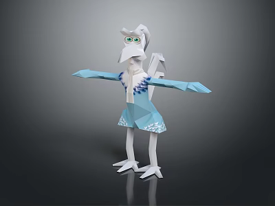 White Bird like 3D Character with Blue Dress and Green Eyes Spreading Arms 3d model