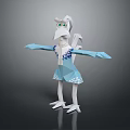 White Bird like 3D Character with Blue Dress and Green Eyes Spreading Arms