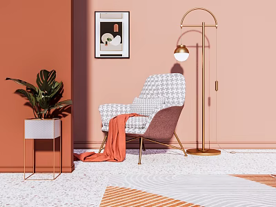 Houndstooth Pattern Accent Chair With Orange Blanket Floor Lamp And Potted Plant On Pink Wall Geometric Terrazzo Floor 3d model