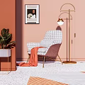 Houndstooth Pattern Accent Chair With Orange Blanket Floor Lamp And Potted Plant On Pink Wall Geometric Terrazzo Floor