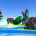 Vibrant Cartoon Scenic Landscape With Winding Blue River Lush Green Trees And Small Houses