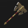 Ornate Battle Axe with Intricate Gold Blue Design Green Gemstone Red Handle and Spiked Bottom