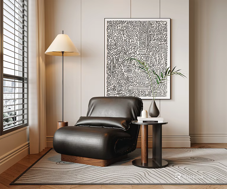 Modern Leather Armchair Living Room Setup With Floor Lamp Side Table And Abstract Wall Art 3d model 