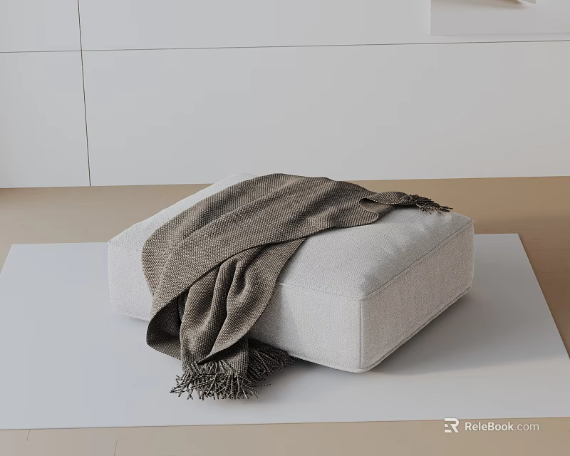 White Lounge Chair with Brown Knitted Blanket on White Mat in Minimalist Interior 3d model 