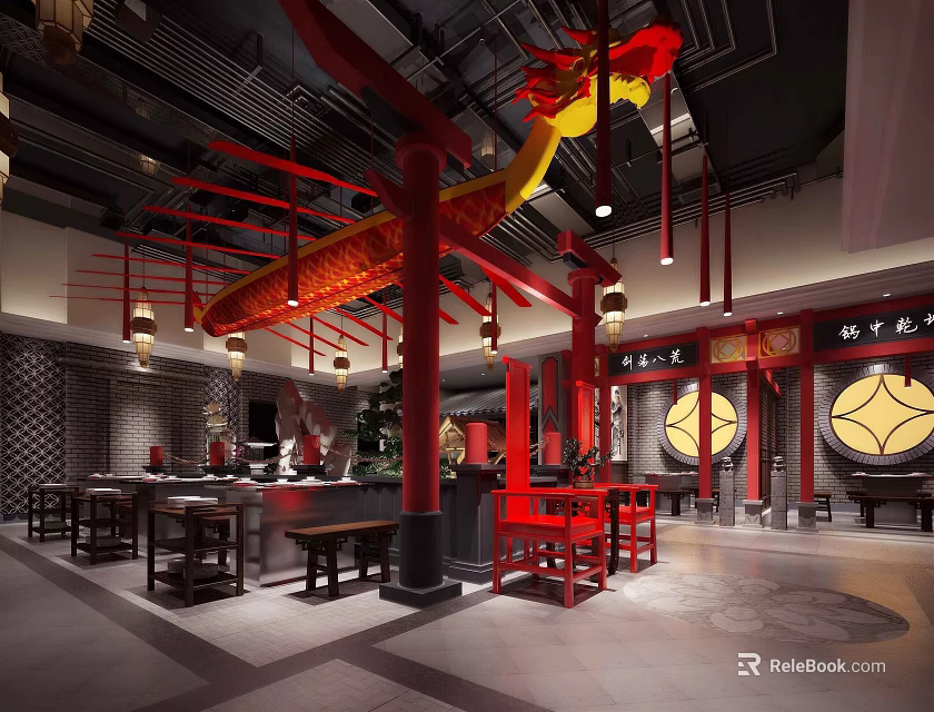 Chinese Style Hotpot Restaurant Interior With Red Dragon Decor And Traditional Elements 3d model
