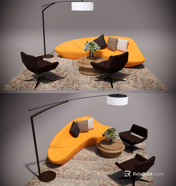 Modern Orange Curved Sofa Coffee Table With Brown Chairs Plant Area Rug And Floor Lamp 3d model 