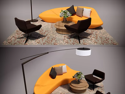 Modern Orange Curved Sofa Coffee Table With Brown Chairs Plant Area Rug And Floor Lamp 3d model