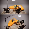 Modern Orange Curved Sofa Coffee Table With Brown Chairs Plant Area Rug And Floor Lamp