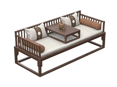 Traditional Chinese Luohan Bed With Wooden Frame Beige Cushions And Small Coffee Table 3d model