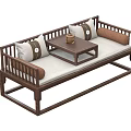 Traditional Chinese Luohan Bed With Wooden Frame Beige Cushions And Small Coffee Table