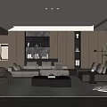 Modern Living Room Interior Design With Gray Sofa Black Coffee Table And Wooden Wall Shelves