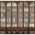 Wooden Bookcase Interior With Arched Doors And Multi tiered Shelves Full Of Books