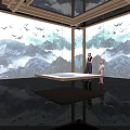 Immersive Art Space With Mountain Water Murals Flying Birds Central Long Table And Visitors