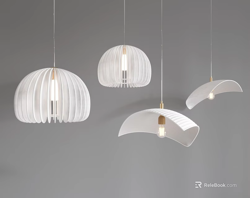 Modern Hanging Chandeliers With White Shades Various Shapes And Golden Bases 3d model 
