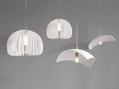 Modern Hanging Chandeliers With White Shades Various Shapes And Golden Bases 3d model
