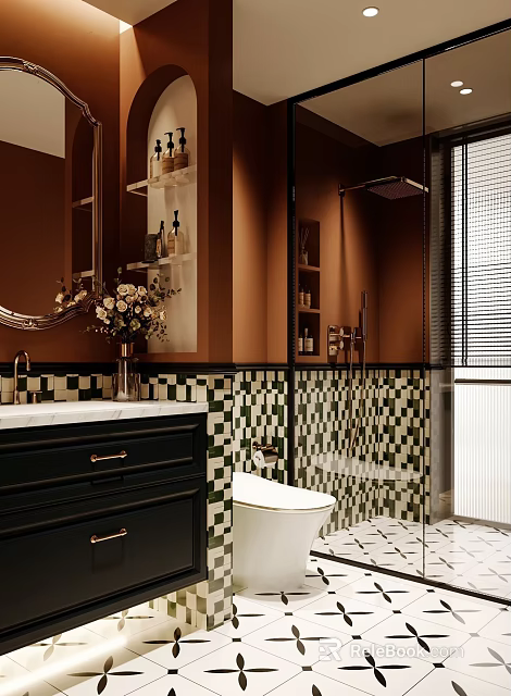 Modern Bathroom Interior With Black Vanity Marble Countertop Round Mirror And Mosaic Tile Wall 3d model 