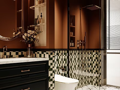 Modern Bathroom Interior With Black Vanity Marble Countertop Round Mirror And Mosaic Tile Wall 3d model